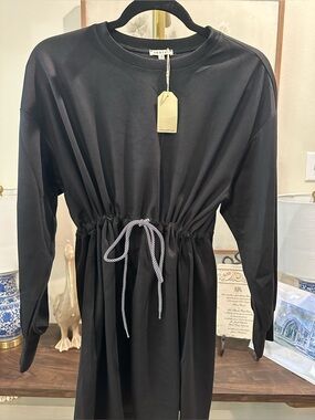 JODIFL Black Drawstring Waist Long Sleeve Dress